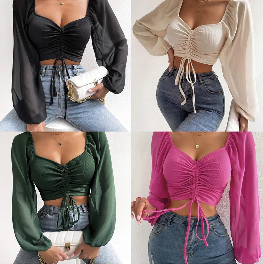 Allukasa Damen Top Puffärmel V-Ausschnitt Mode