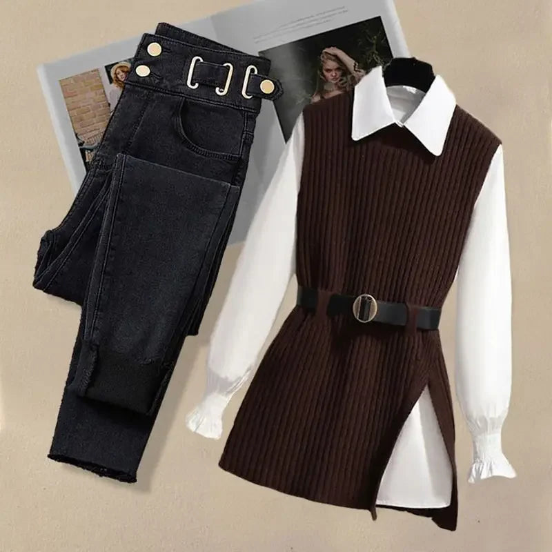 Damen-Strickwestenhemd, vielseitige Jeans, dreiteiliges Set, Slim Fit-Strickwaren