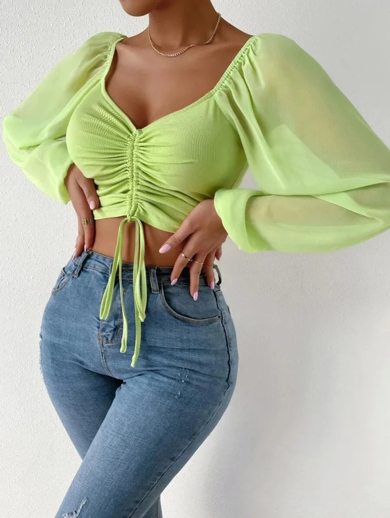 Allukasa Damen Top Puffärmel V-Ausschnitt Mode