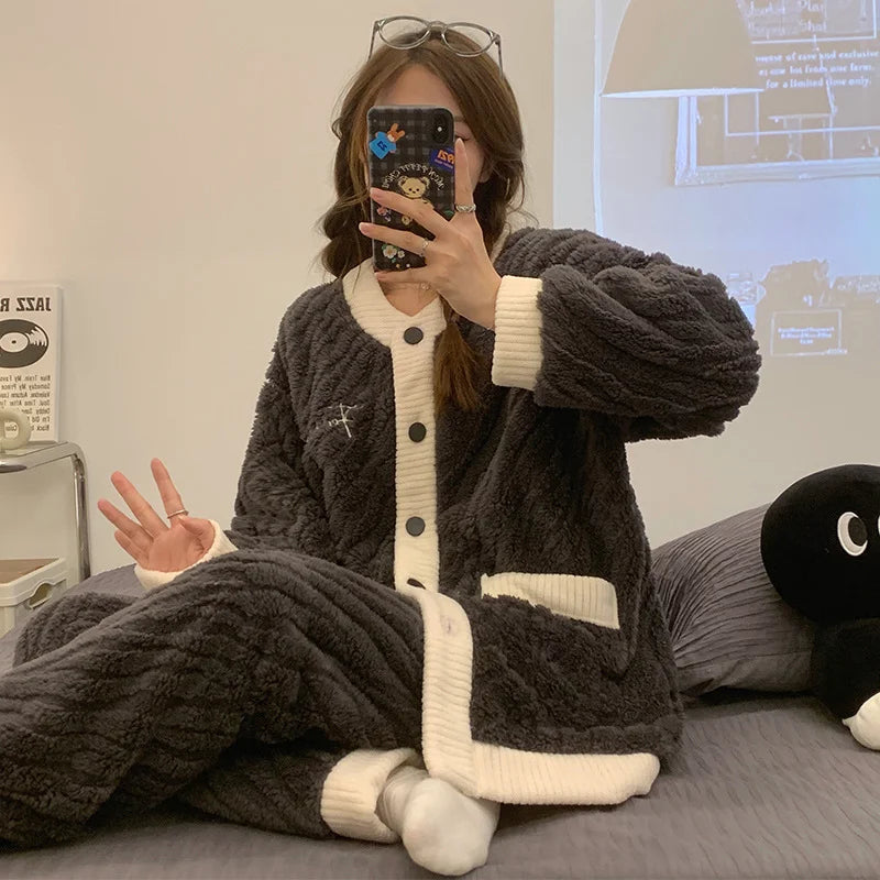 Damen Winter Schlafanzug Pyjama