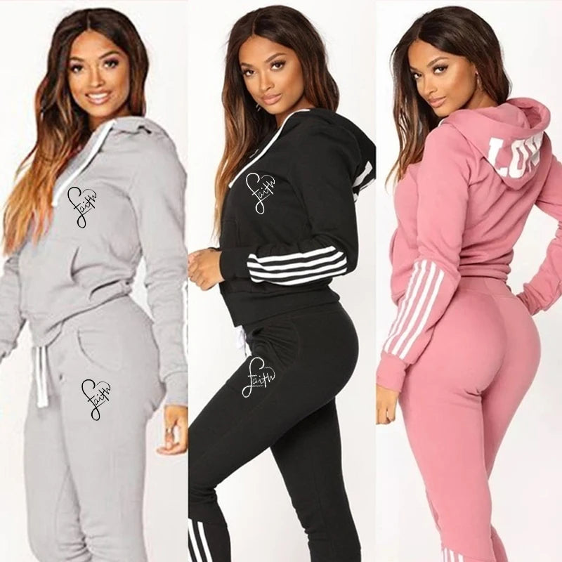 Ladies Fashion Printed Hoodies and Long Pants Set