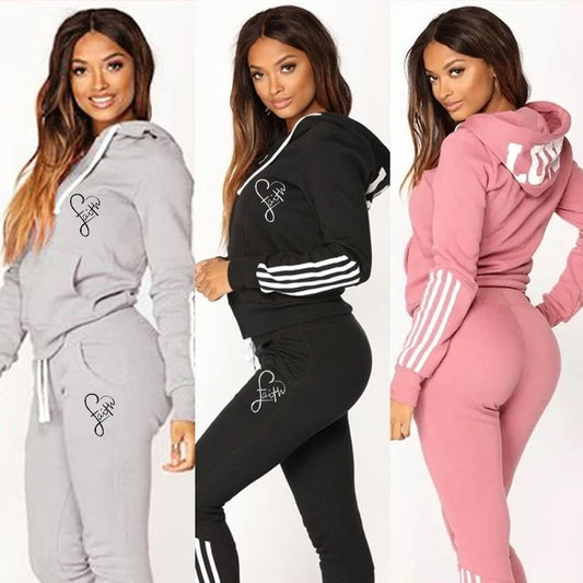 Ladies Fashion Printed Hoodies and Long Pants Set
