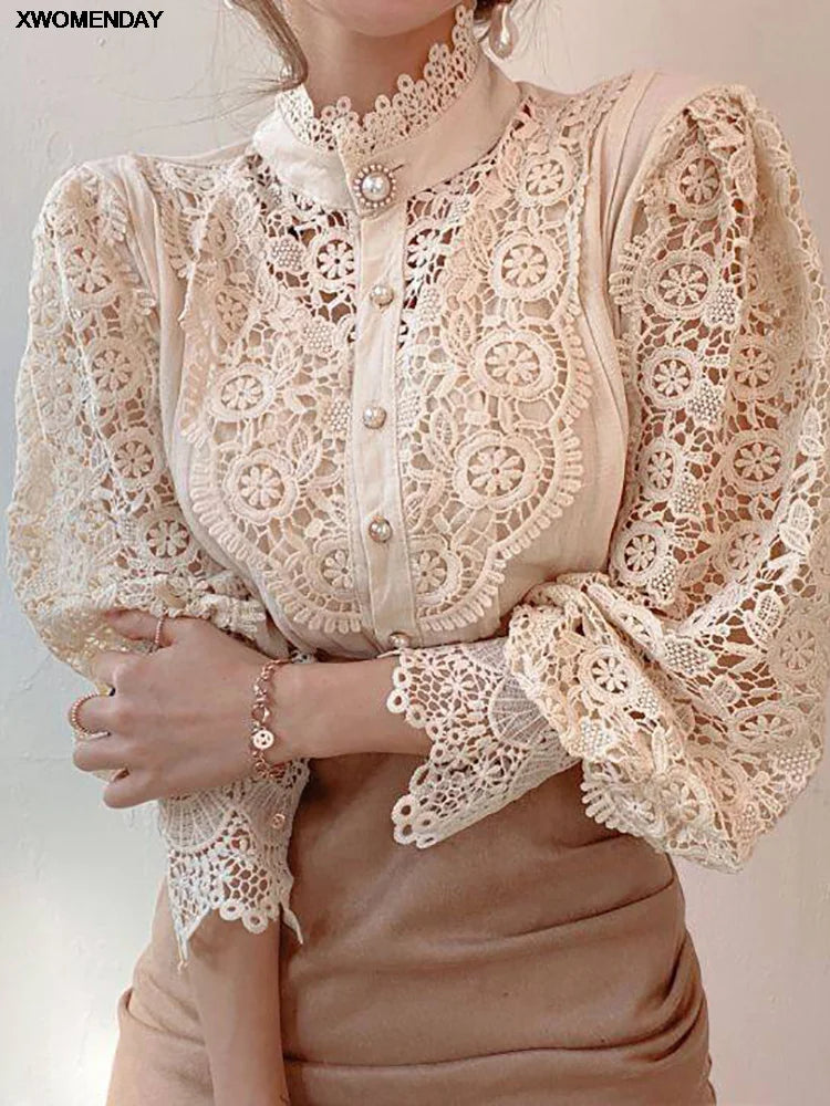 XWOMENDAY Elegante Blumenspitzen Bluse 2024