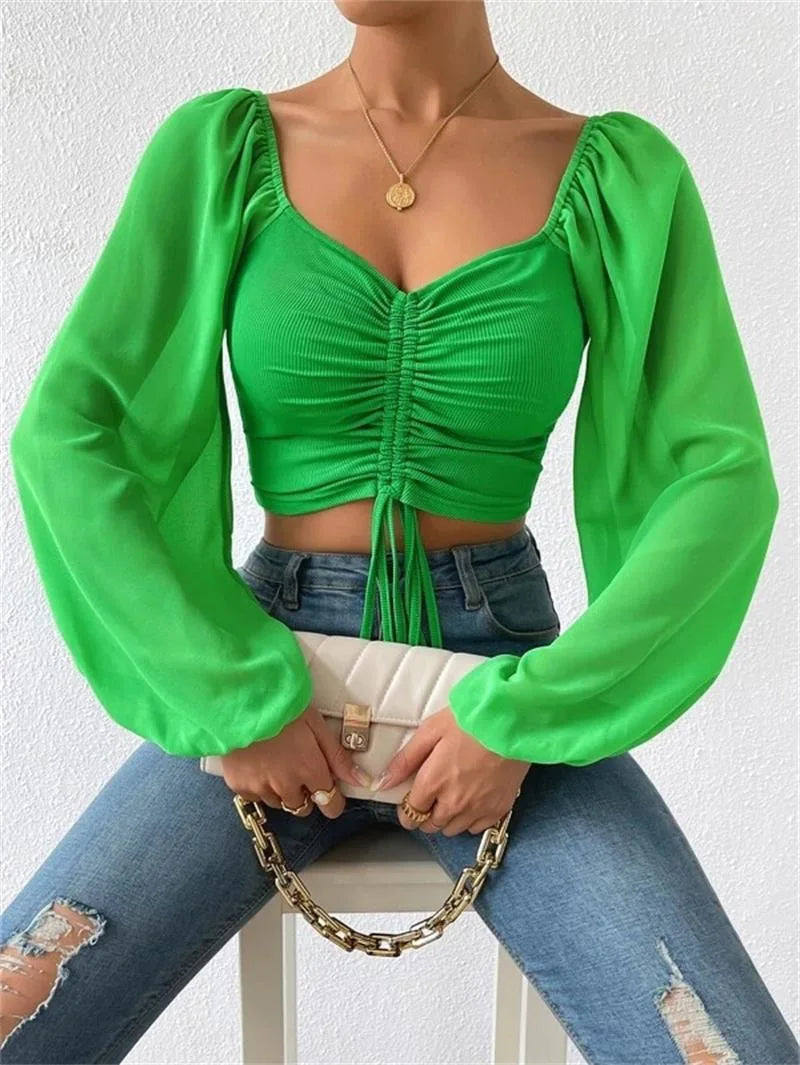 Allukasa Damen Top Puffärmel V-Ausschnitt Mode