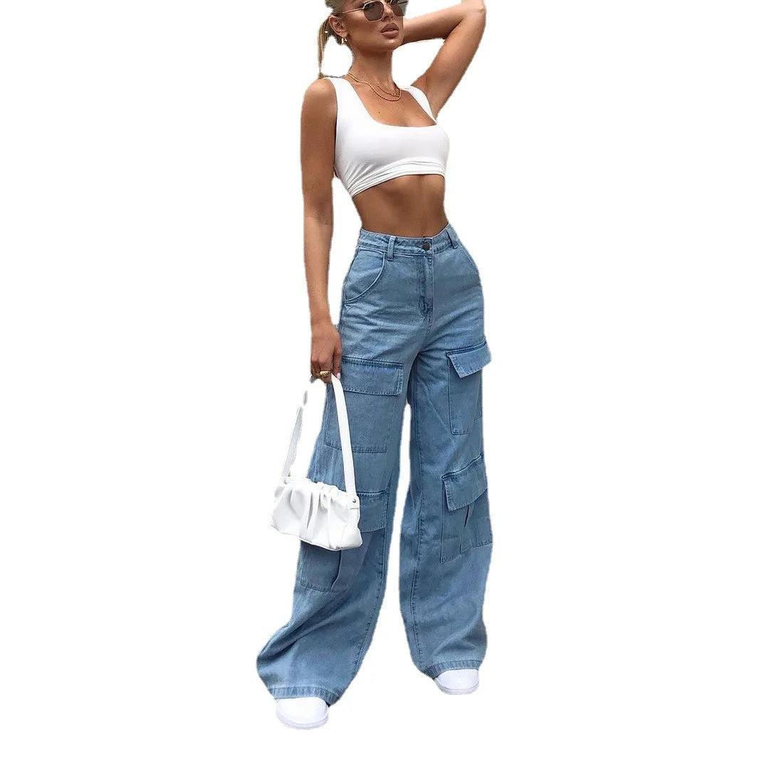 Kalenmos Jeans Hose mit weitem Bein Cargo Denim