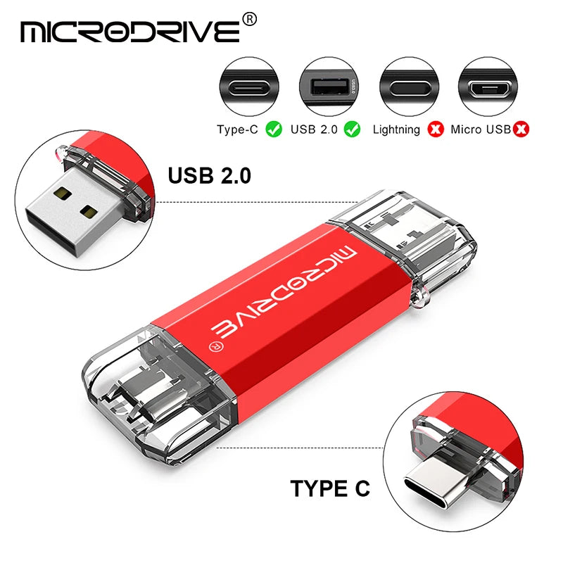 Microdrive Type C OTG USB Flash Drive 128GB 64GB 32GB 16GB 8GB 4GB