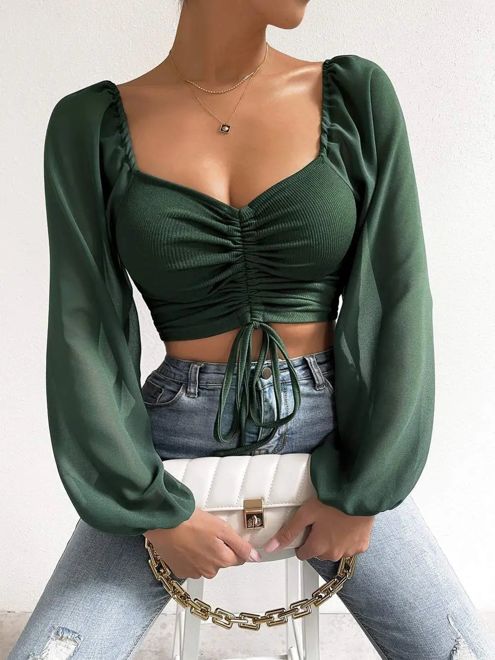 Allukasa Damen Top Puffärmel V-Ausschnitt Mode