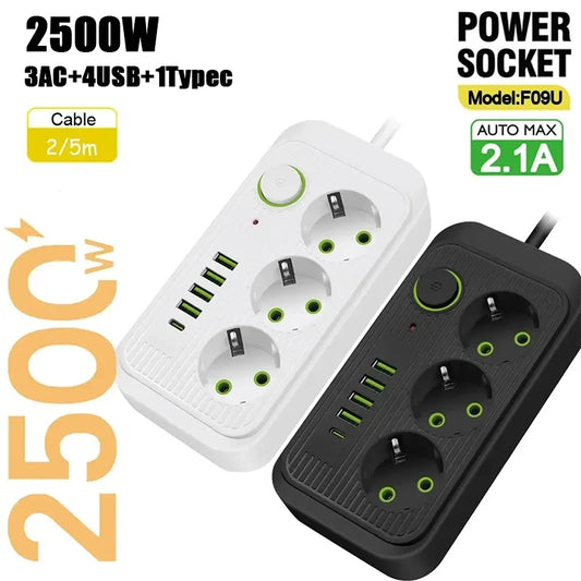 5 oder 2 Meter EU-Stecker mit USB -Steckdose Mehrfachstecker