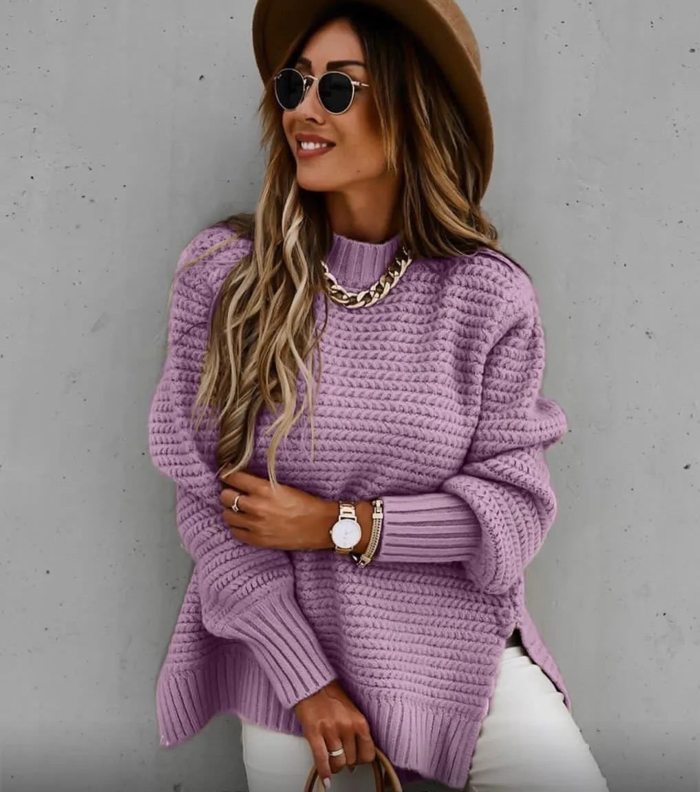 Damen Rollkragenpullover mit langen Laternenärmeln, seitlicher Schlitz