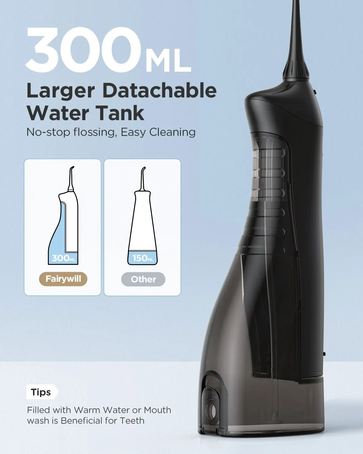 Fairywill Munddusche, wiederaufladbar, tragbar, 3 Modi, Wassertank für Zähne, 300 ml
