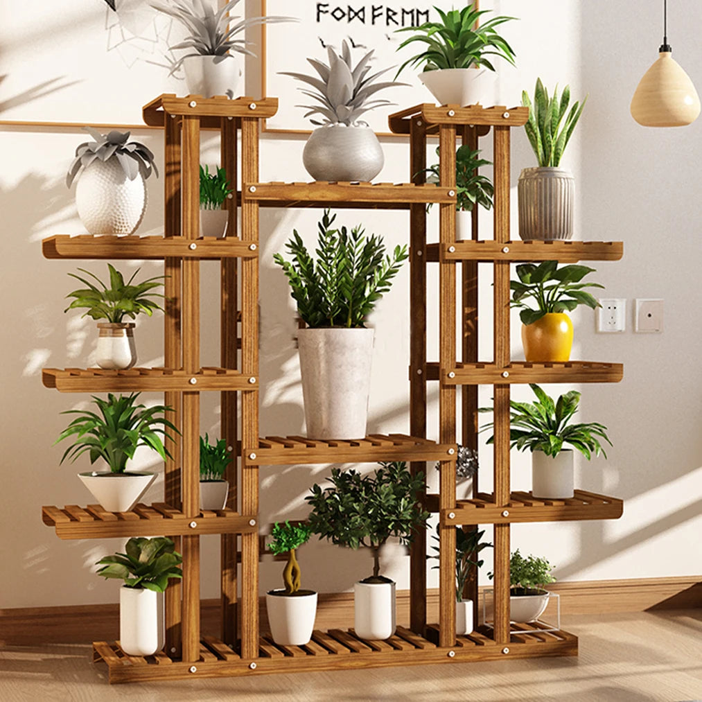 Großer 11-stufiger Pflanzenständer aus Holz, karbonisiert, hoch, breiter Topf, Regalhalter
