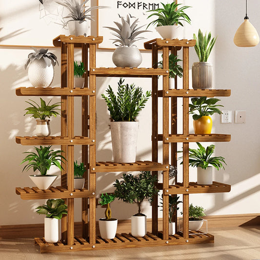 Großer 11-stufiger Pflanzenständer aus Holz, karbonisiert, hoch, breiter Topf, Regalhalter