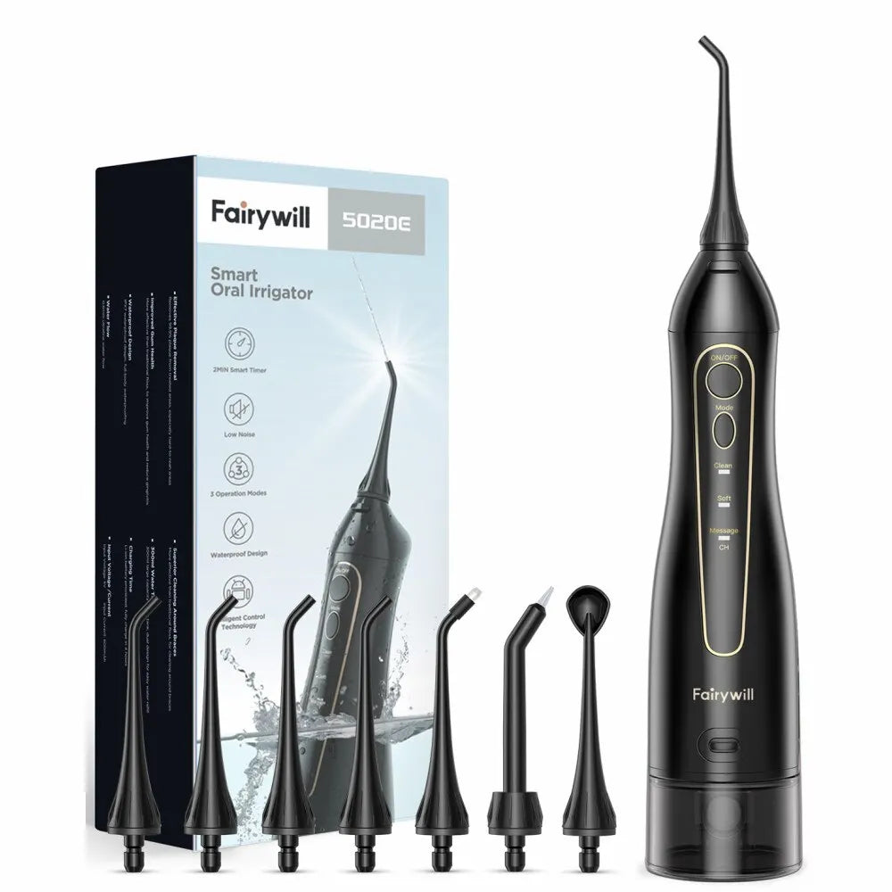 Fairywill Munddusche, wiederaufladbar, tragbar, 3 Modi, Wassertank für Zähne, 300 ml