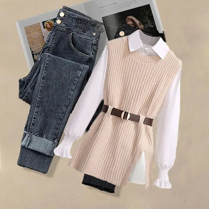 Damen-Strickwestenhemd, vielseitige Jeans, dreiteiliges Set, Slim Fit-Strickwaren
