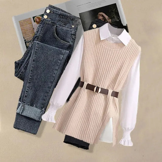 Damen-Strickwestenhemd, vielseitige Jeans, dreiteiliges Set, Slim Fit-Strickwaren
