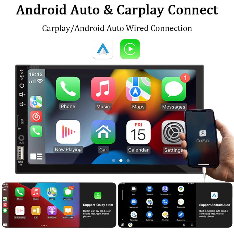 7“ Autoradio 1 Din Carplay Android Auto Multimedia Player HD Touchscreen