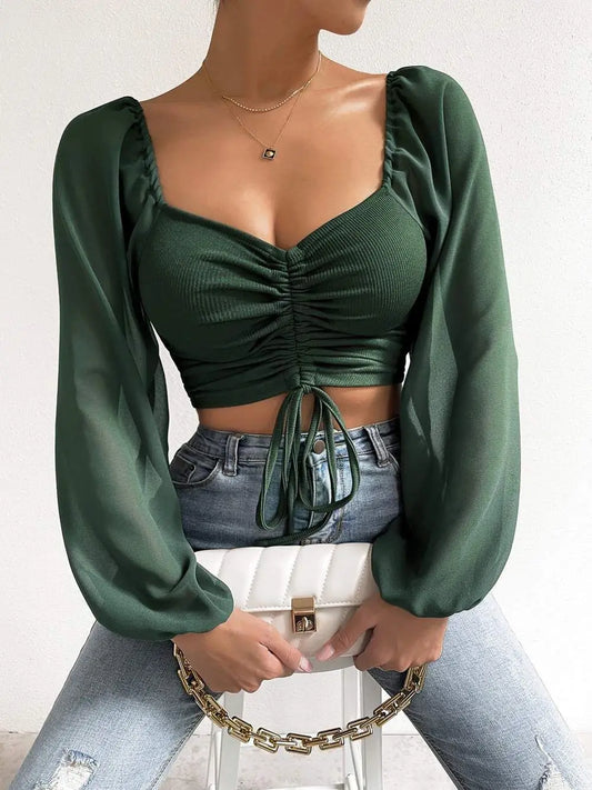 Allukasa Damen Top Puffärmel V-Ausschnitt Mode