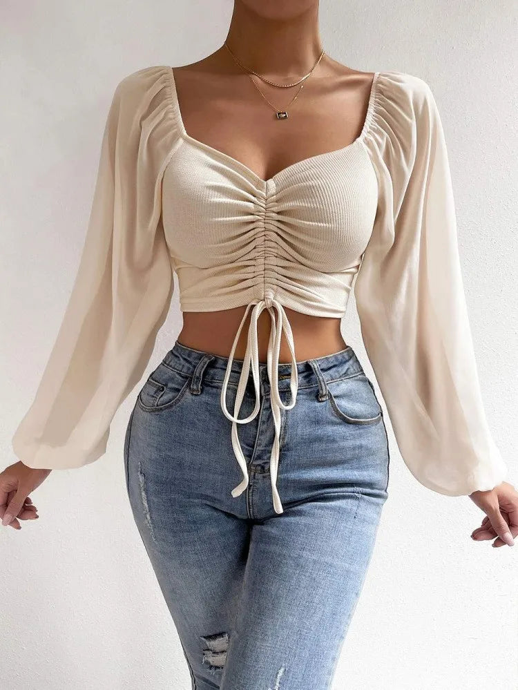 Allukasa Damen Top Puffärmel V-Ausschnitt Mode