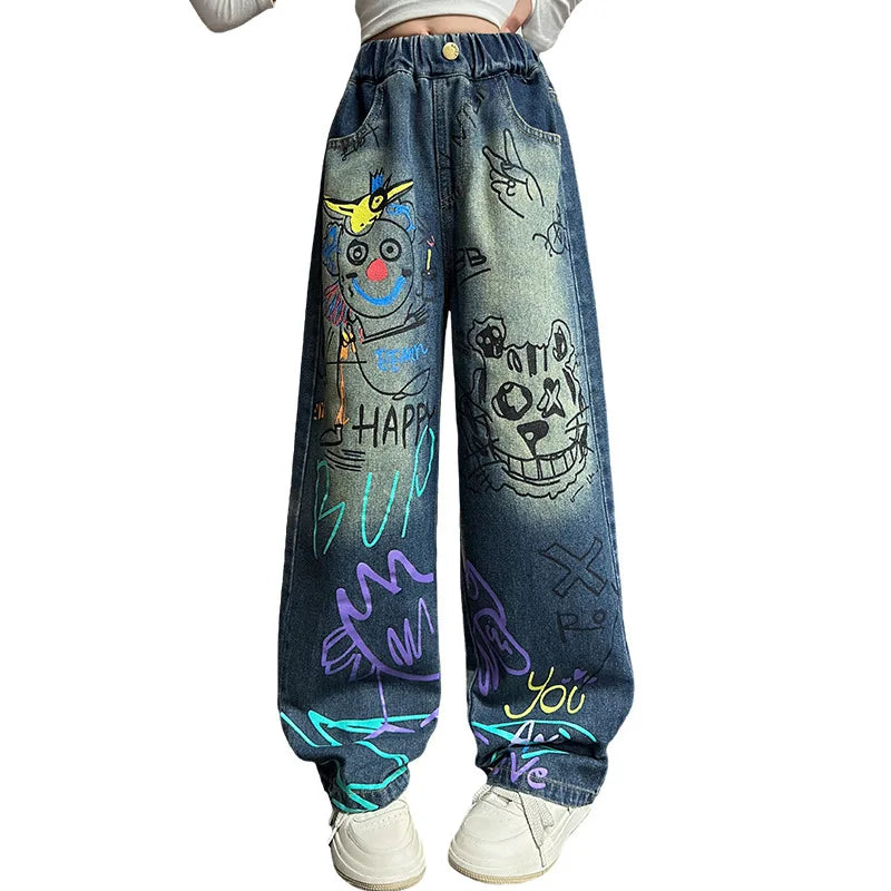 Kinder Jeans für Mädchen Mode Graffiti Färben 2024 Frühling Herbst
