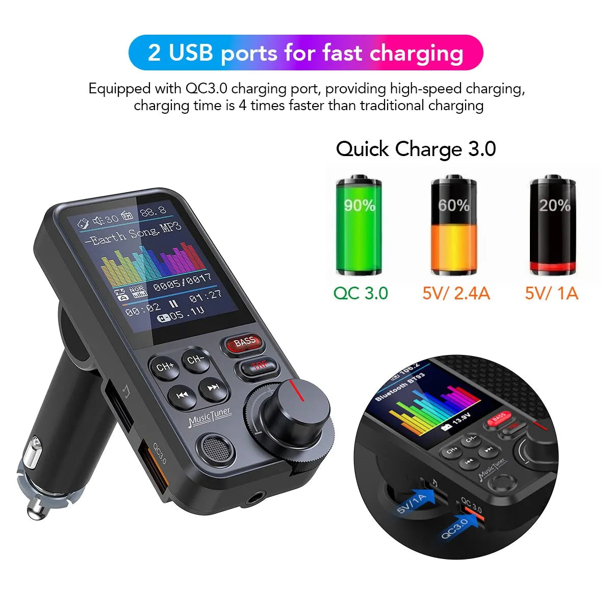 1,8 Zoll Wireless Auto Bluetooth FM Sender Aux unterstützt QC3.0