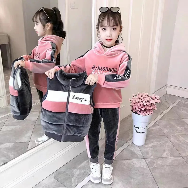 2023 Winter Mädchen Trainingsanzug Kapuzenjacke + streifen Hose 4-12 jahre