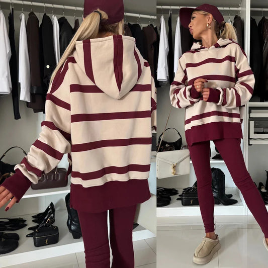 Damen Zweiteiler Hosen Set Gestreifte Kapuzenpullover