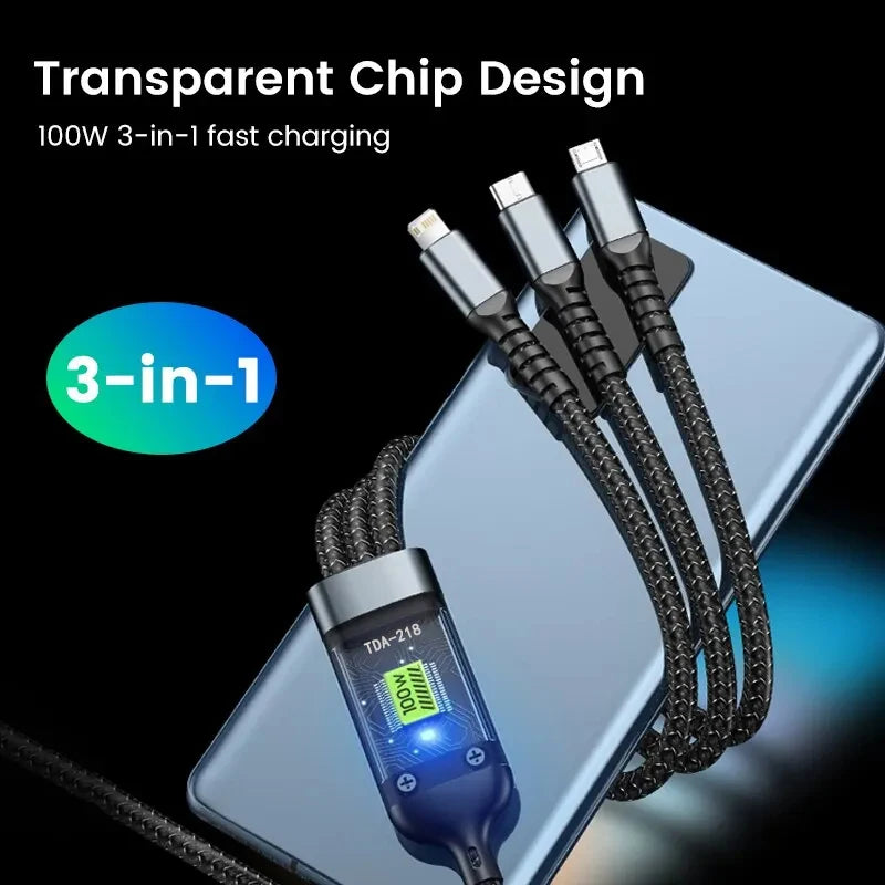 100/66W 3 in 1 Cable Micro USB Type C Cable for iPhone 15 14 13 Pro Max Huawei
