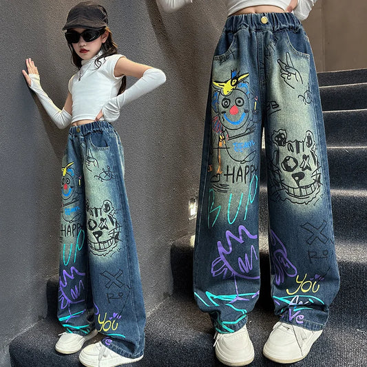 Kinder Jeans für Mädchen Mode Graffiti Färben 2024 Frühling Herbst