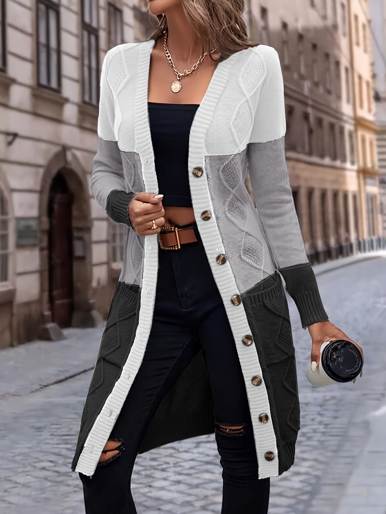 Strickjacke mit Knopfleiste, lässiger Langarm-Longline-Pullover mit Tasche