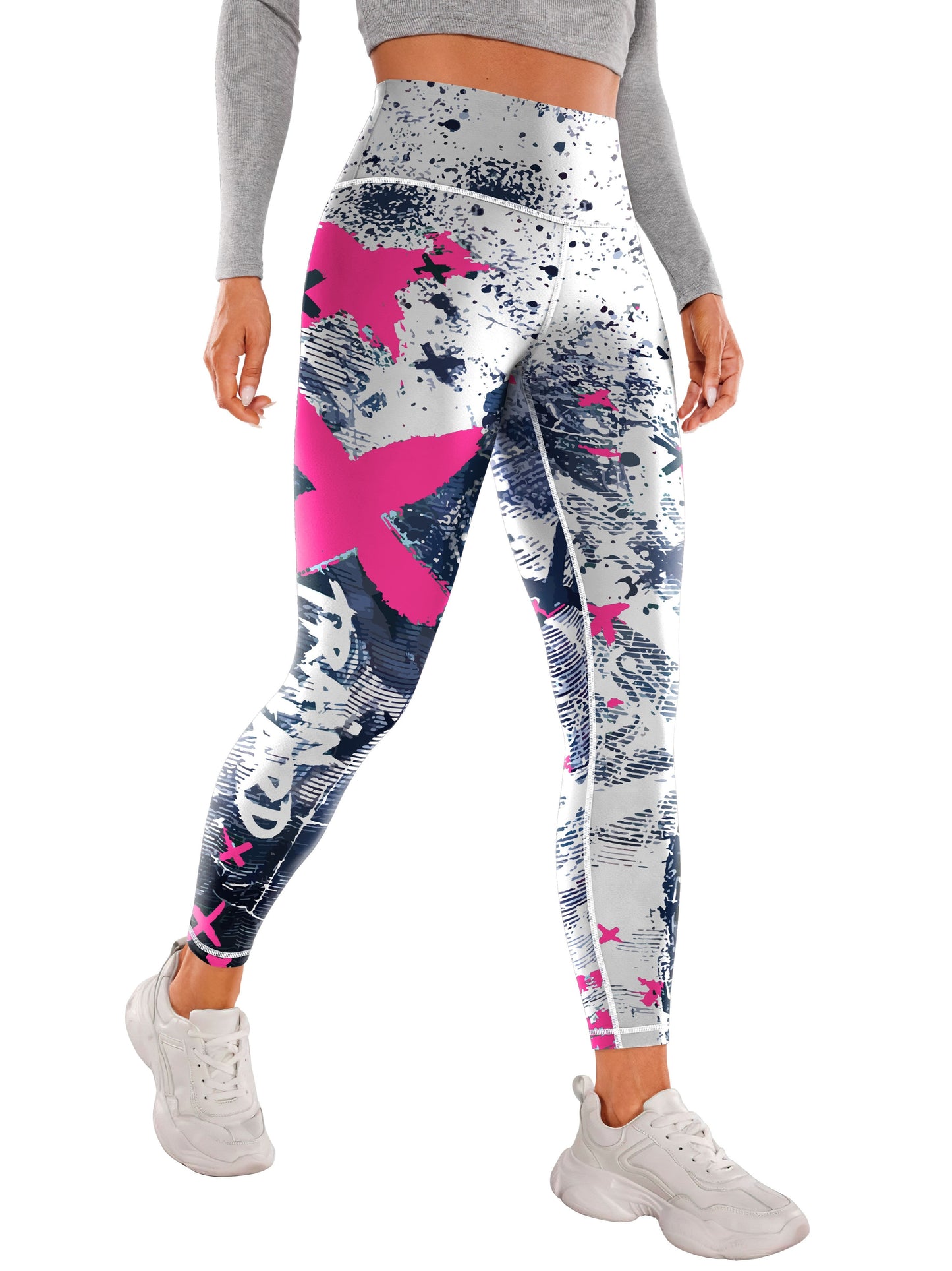 Yoga-Sport-Leggings mit hoher Taille, Farbblock-Graffiti-Design, Po-Lifting