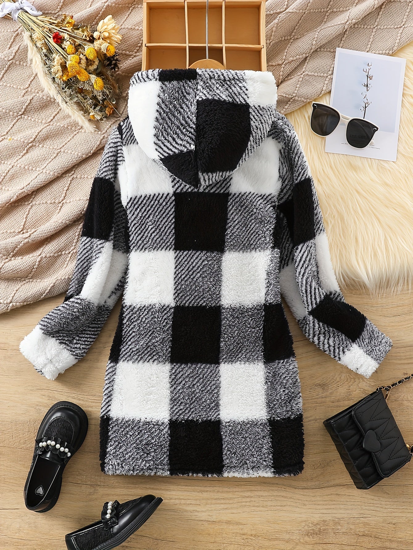 Kariertes Langarmkleid mit Kapuze für Mädchen, bequemes Kleid für Herbst und Winter