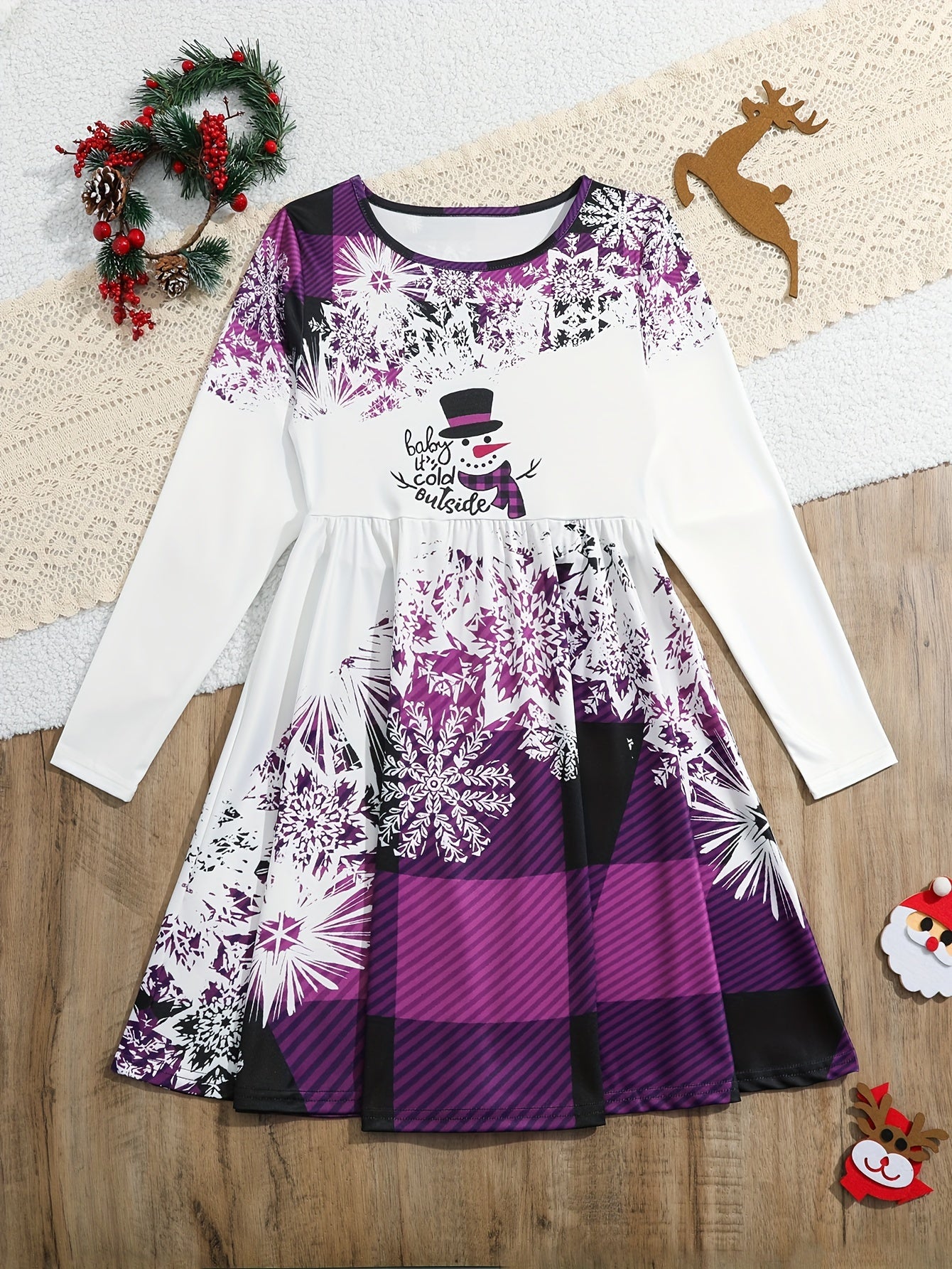 Spleißen Schneemann Langarm Kleid Mädchen Weihnachten / Prinzessin Herbst Winter