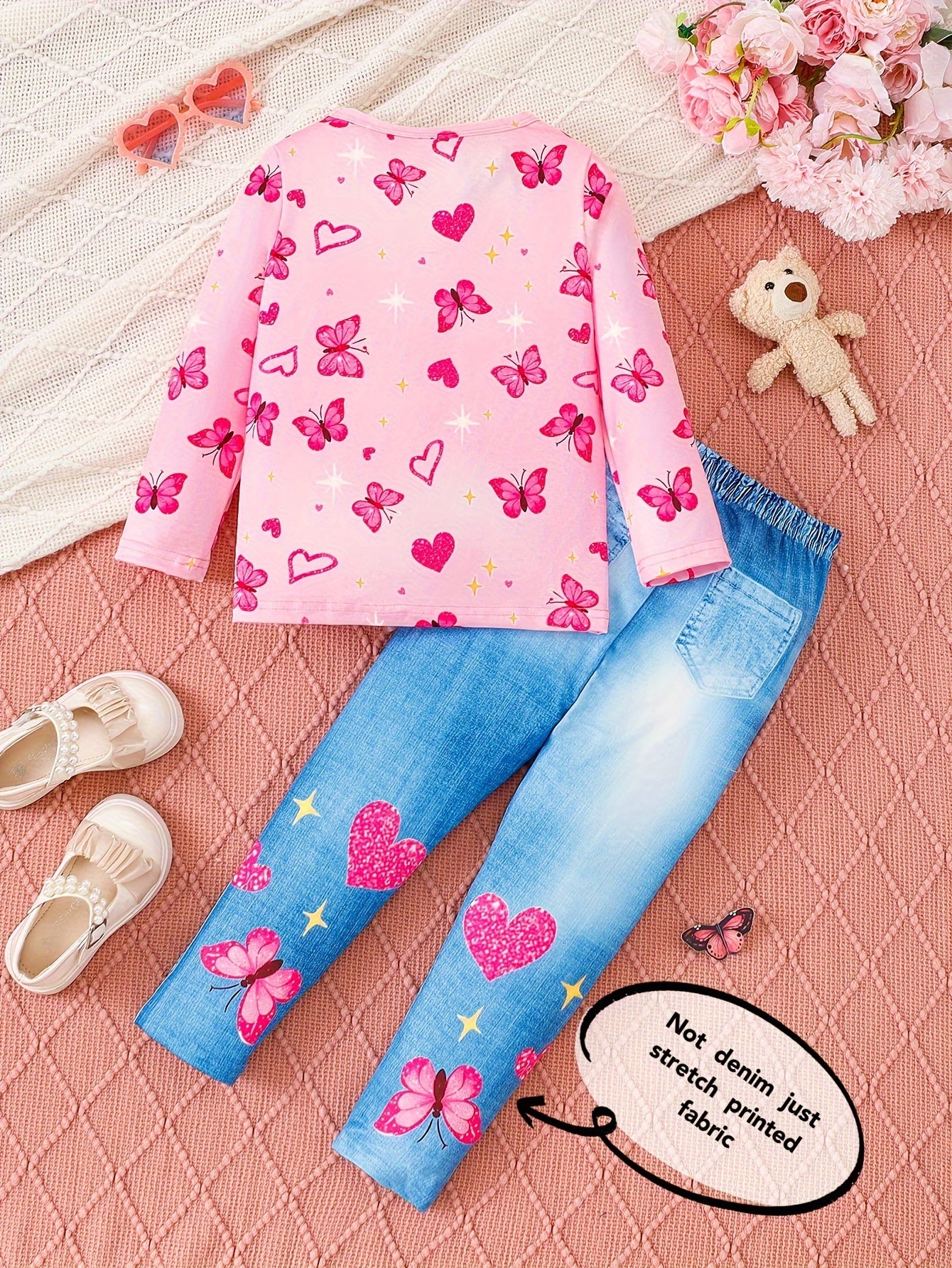 2-teiliges Outfit-Set für Mädchen – Langarmoberteil und Leggings (Jeansimitat)