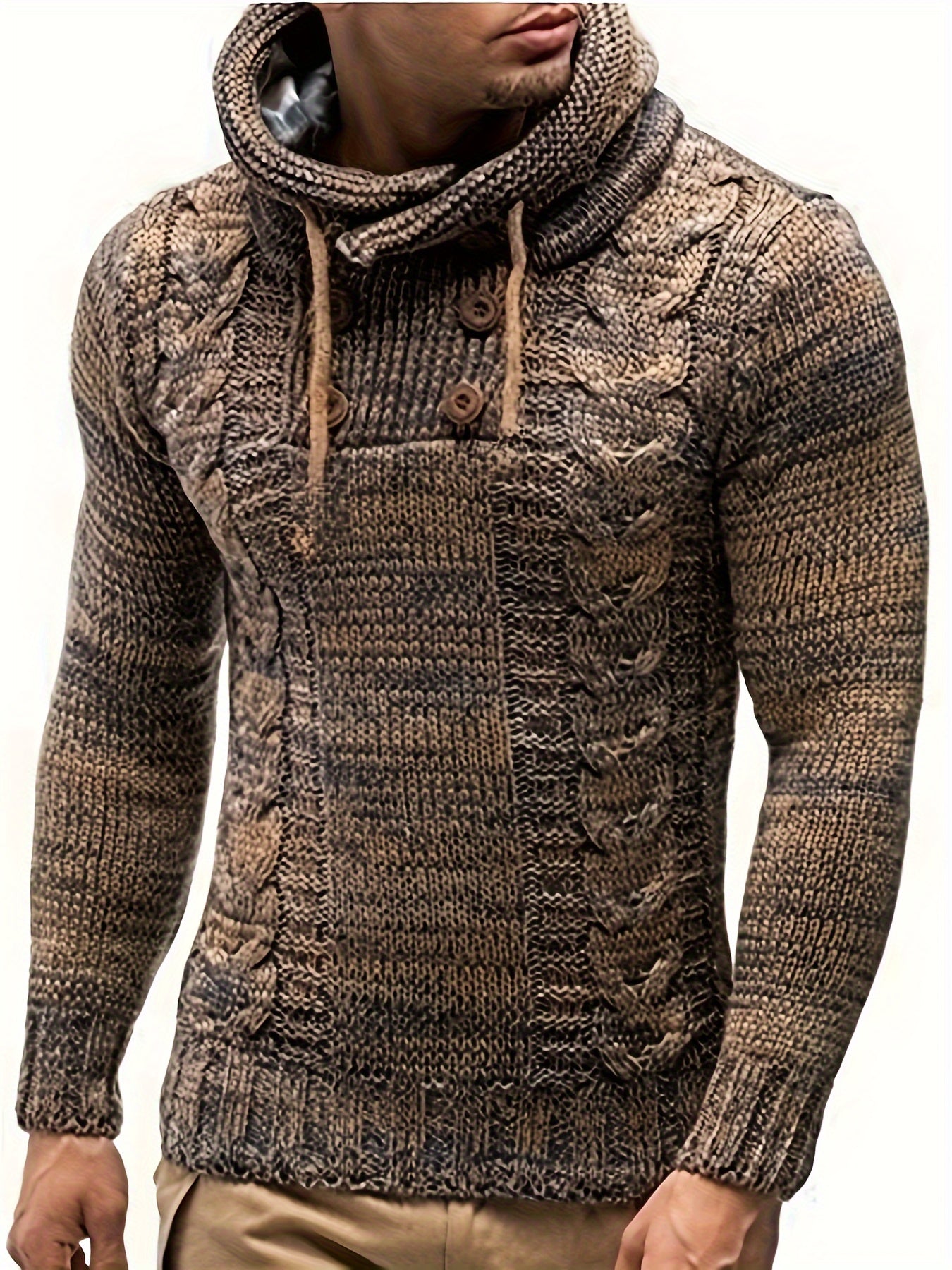 Herren Retro Langarm Strickpullover mit Wasserfallausschnitt und Kordelzug