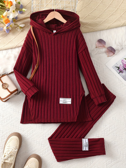 2-teiliges Set für Mädchen, Langarm-Kapuzenpullover und dehnbare Hose