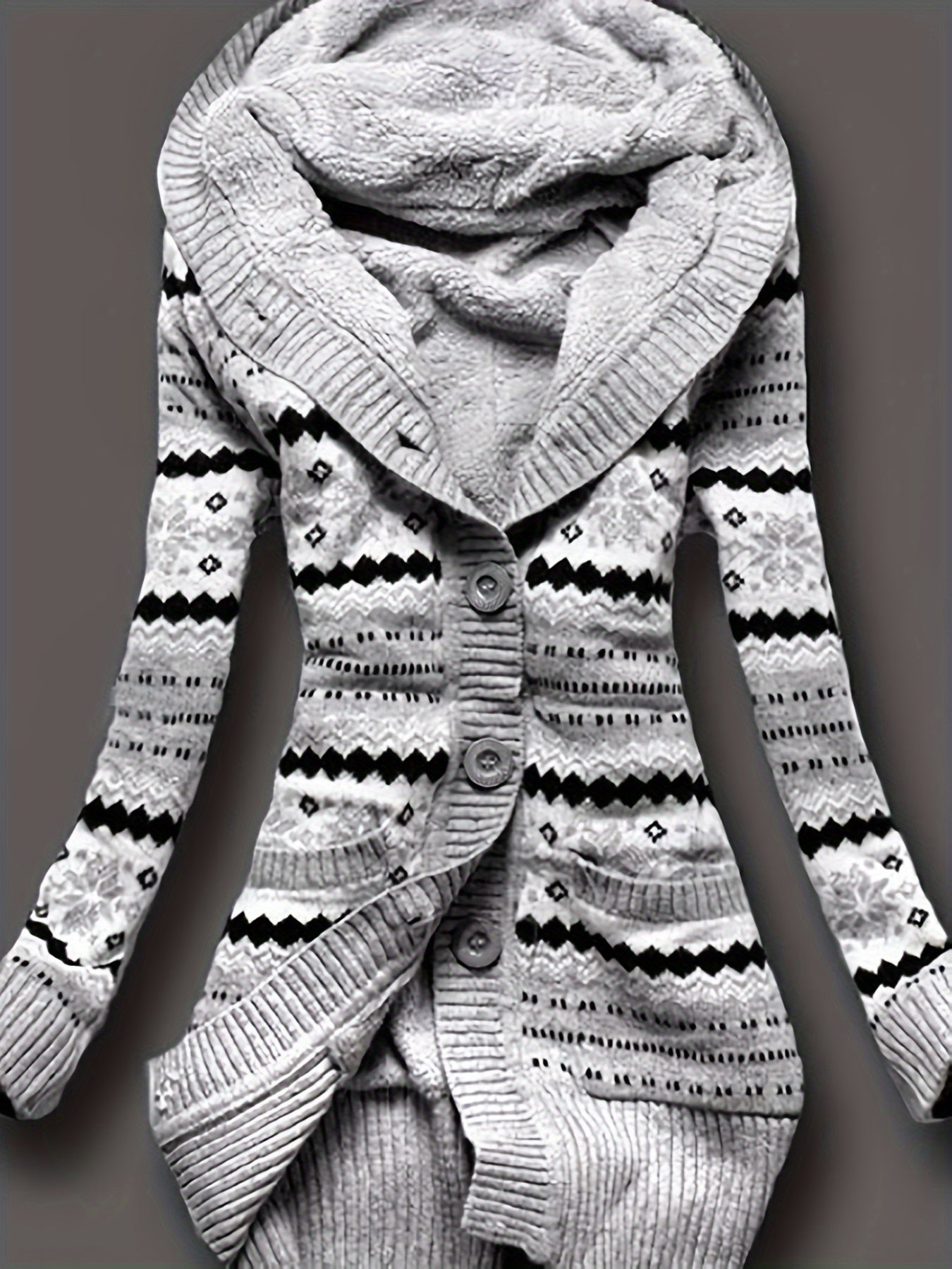 Kapuzenpullover mit Knopfleiste vorne und Geo-Print, lässiger, langärmeliger Cardigan