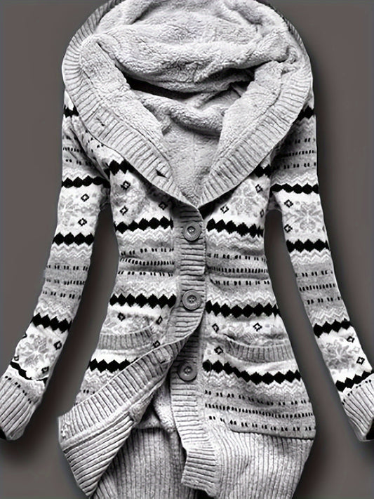 Kapuzenpullover mit Knopfleiste vorne und Geo-Print, lässiger, langärmeliger Cardigan