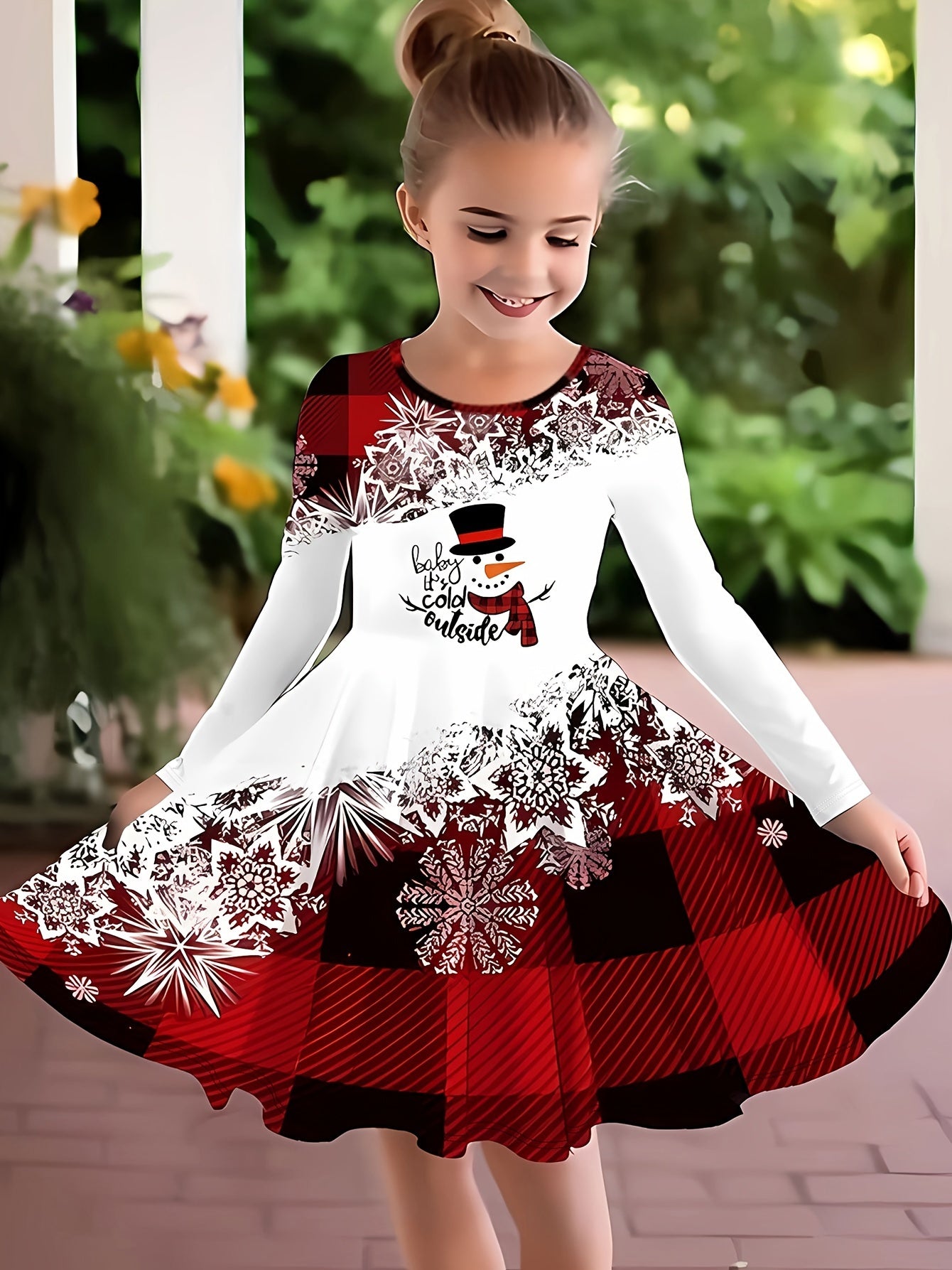 Spleißen Schneemann Langarm Kleid Mädchen Weihnachten / Prinzessin Herbst Winter