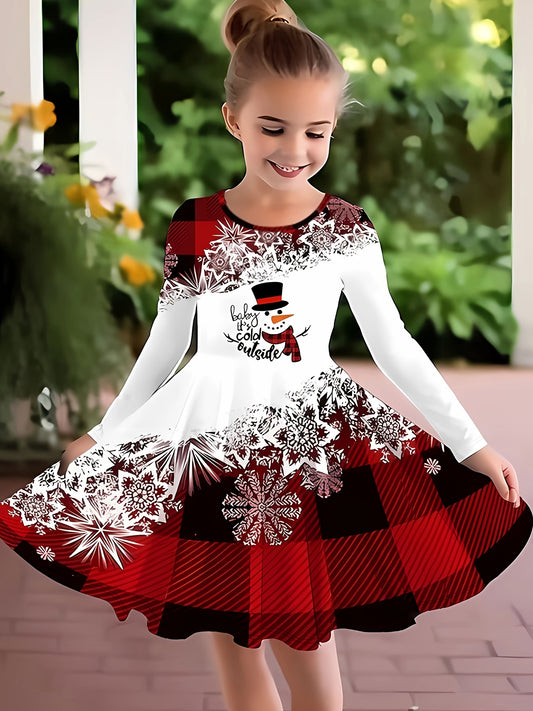 Spleißen Schneemann Langarm Kleid Mädchen Weihnachten / Prinzessin Herbst Winter