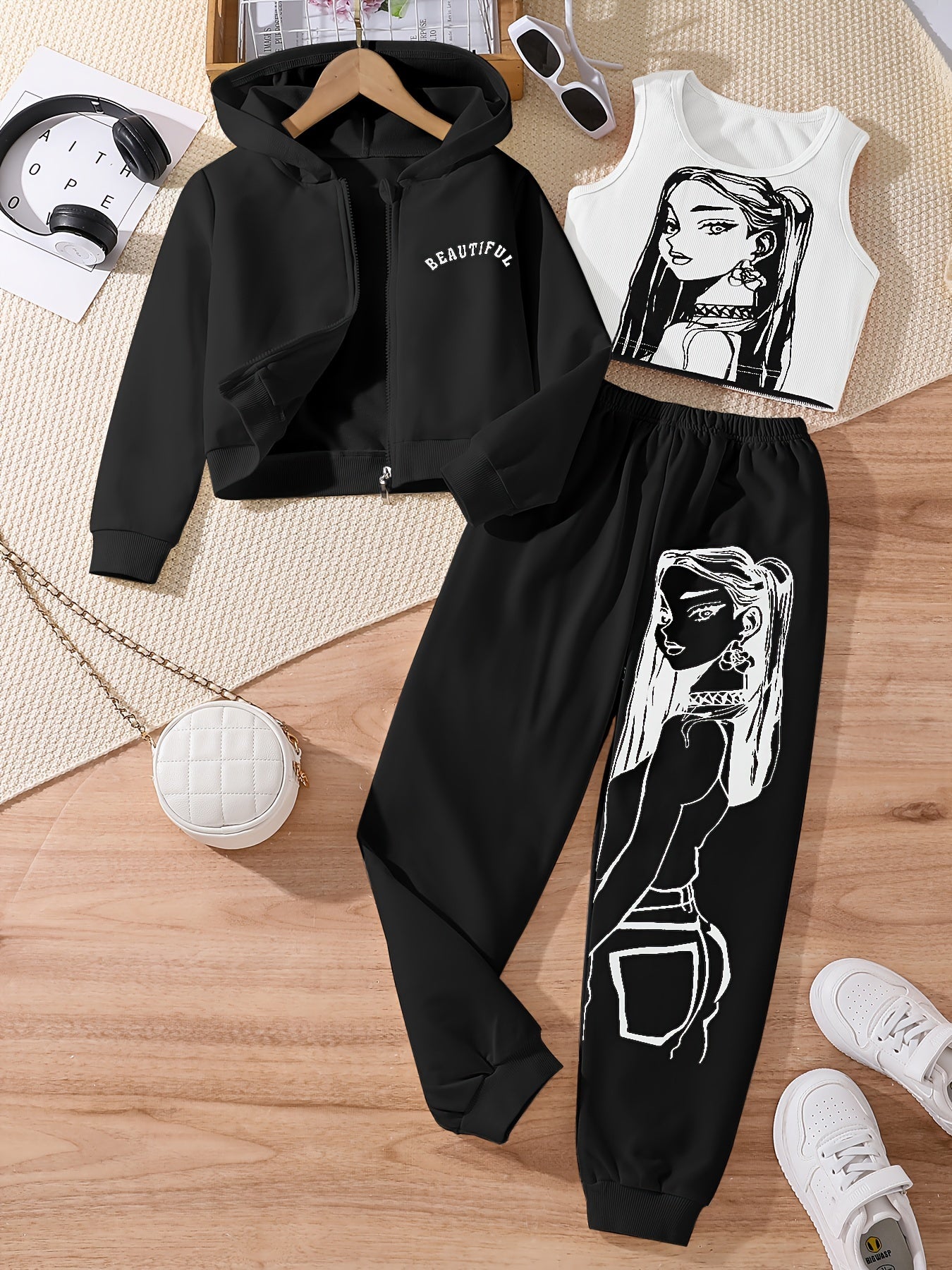 3-teiliges Mädchen - Set mit Kapuzenjacke + Tanktop + Jogginghose Model Anime