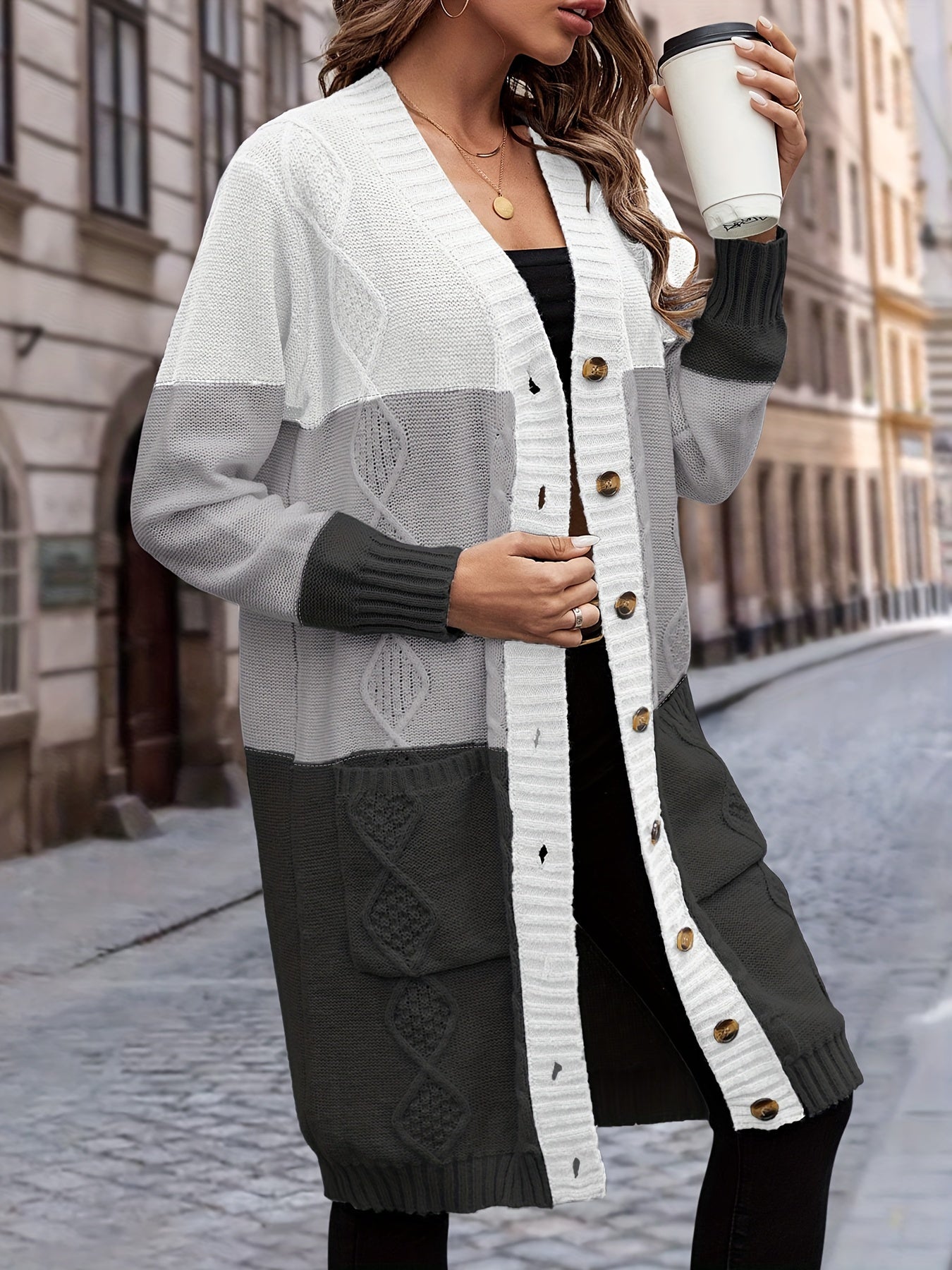 Strickjacke mit Knopfleiste, lässiger Langarm-Longline-Pullover mit Tasche