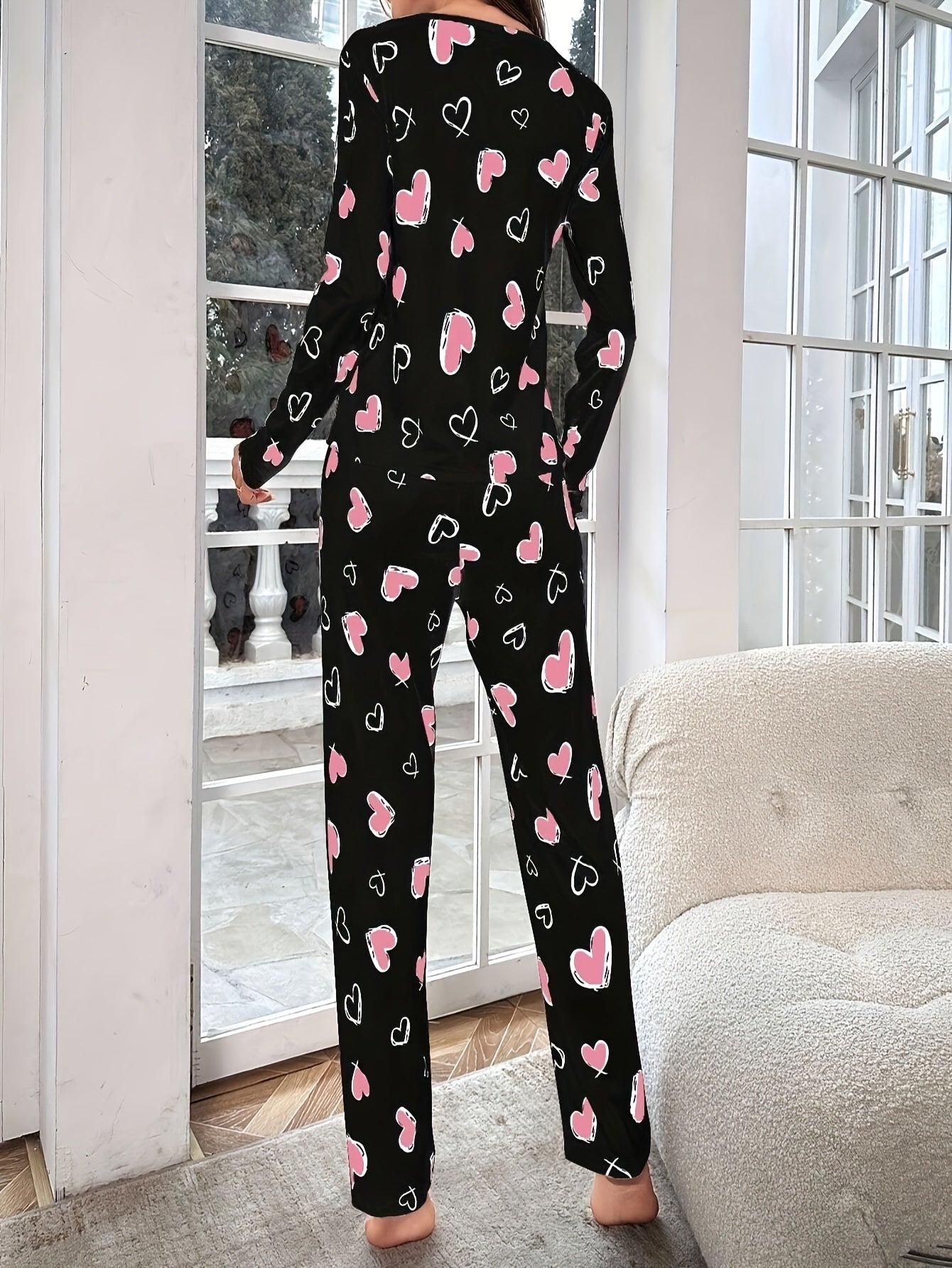 Pyjama-Set aus Polyester mit Herz-Print für Teenager – Rundhalsoberteil im reifen Stil mit leichter Dehnung, Strickstoff, normale Passform, Freizeitkleidung für alle Jahreszeiten (95 % Polyester, 5 % Elastan)