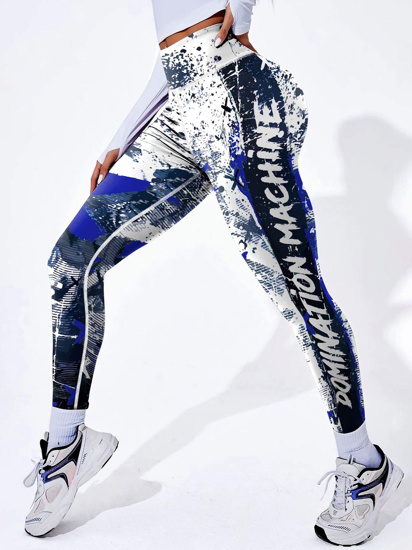 Yoga-Sport-Leggings mit hoher Taille, Farbblock-Graffiti-Design, Po-Lifting