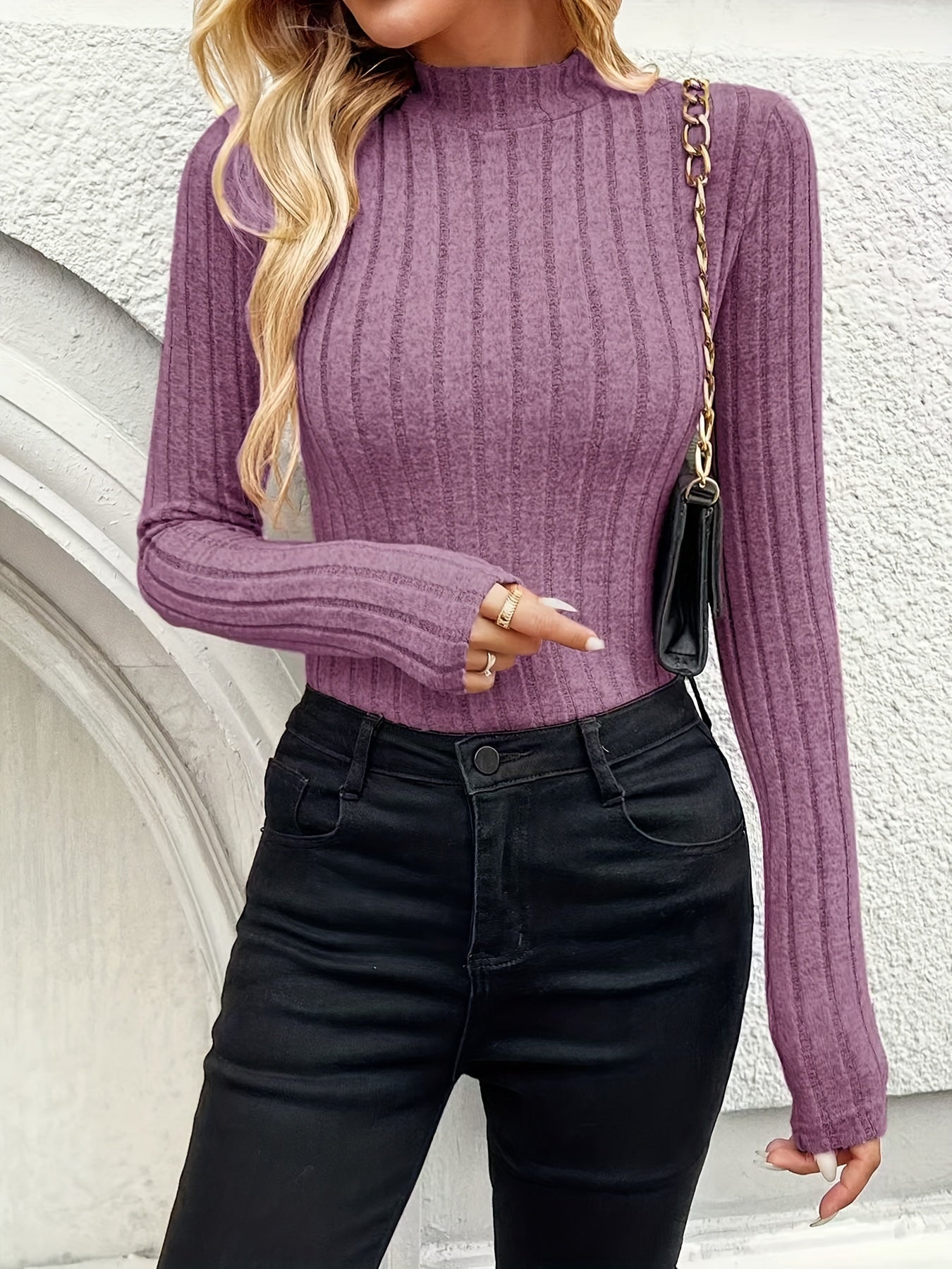 Einfarbiges Long-Shirt mit Rundhalsausschnitt, Pullover Rollkragen