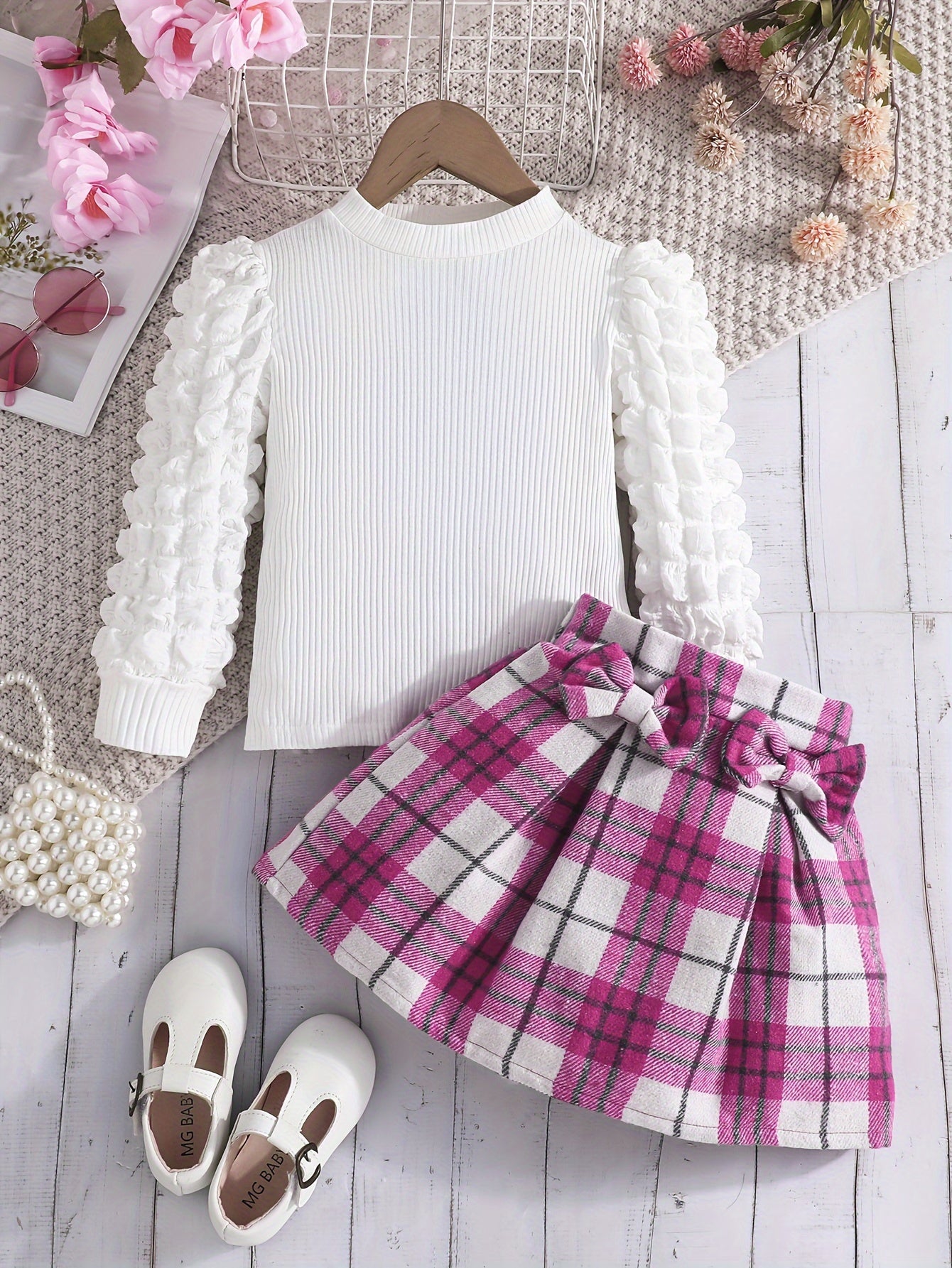 2-teiliges Set mit Puffärmeln, Oberteil und kariertem Rock – Winter-/Herbst Mädchen