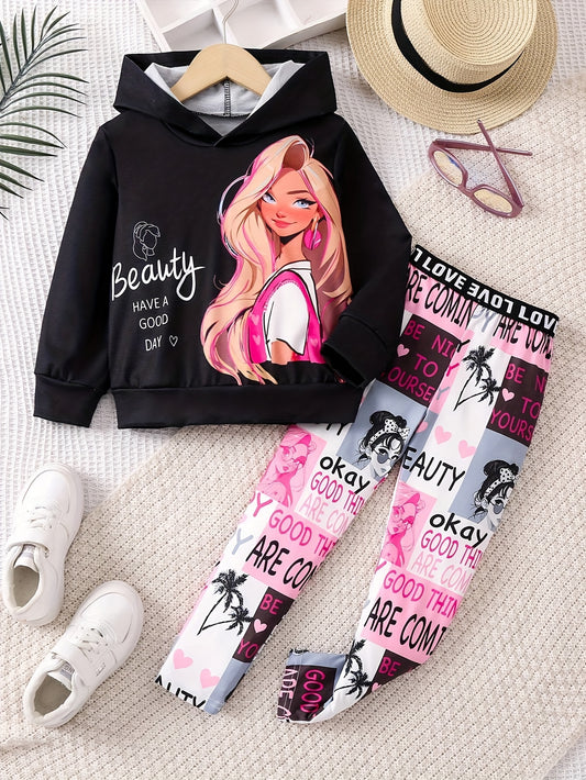 2-teiliges Set aus Kapuzenpullover und Leggings mit Cartoon  für Mädchen – langärmlig