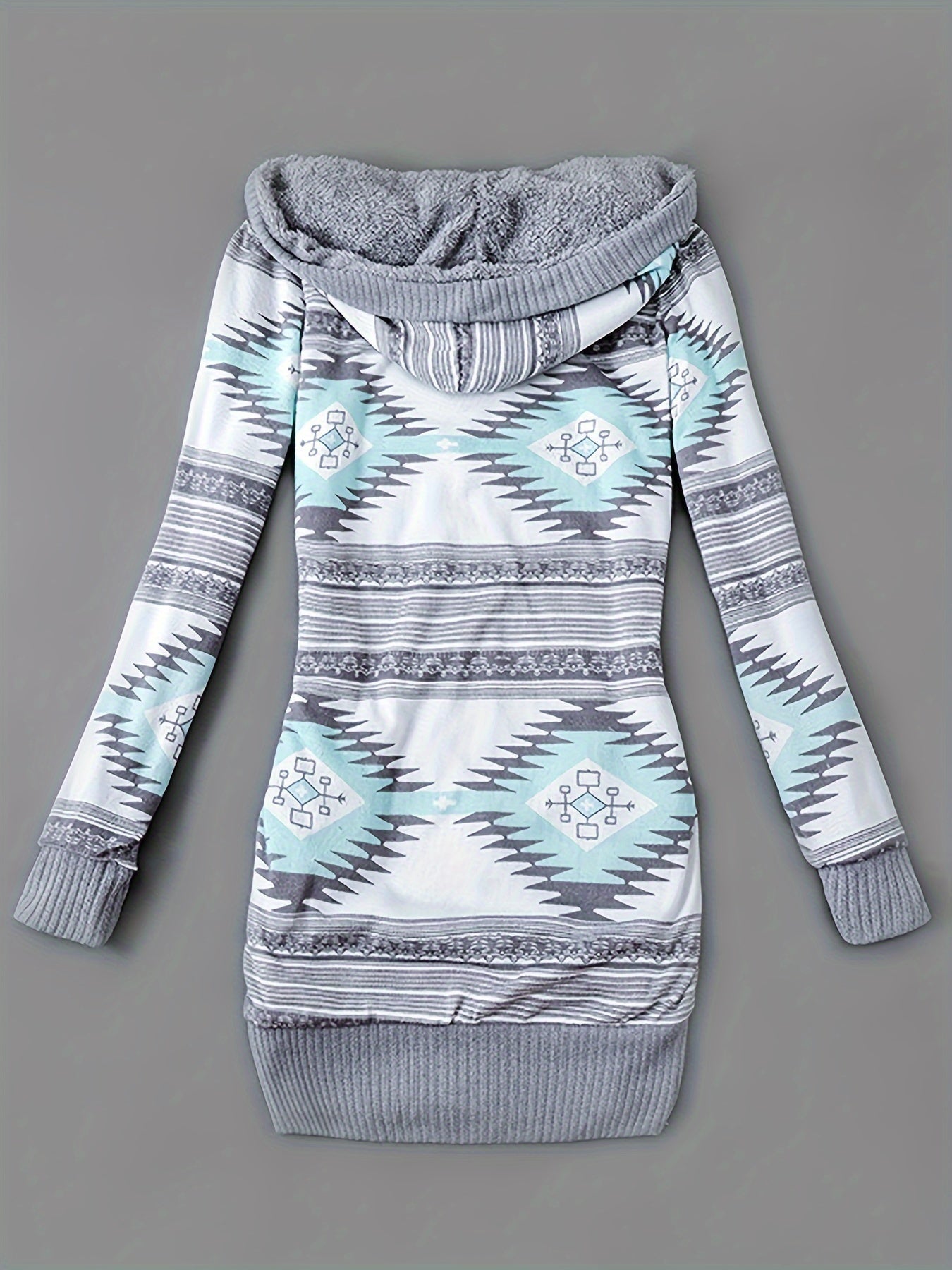 Kapuzenpullover mit Knopfleiste vorne und Geo-Print, lässiger, langärmeliger Cardigan