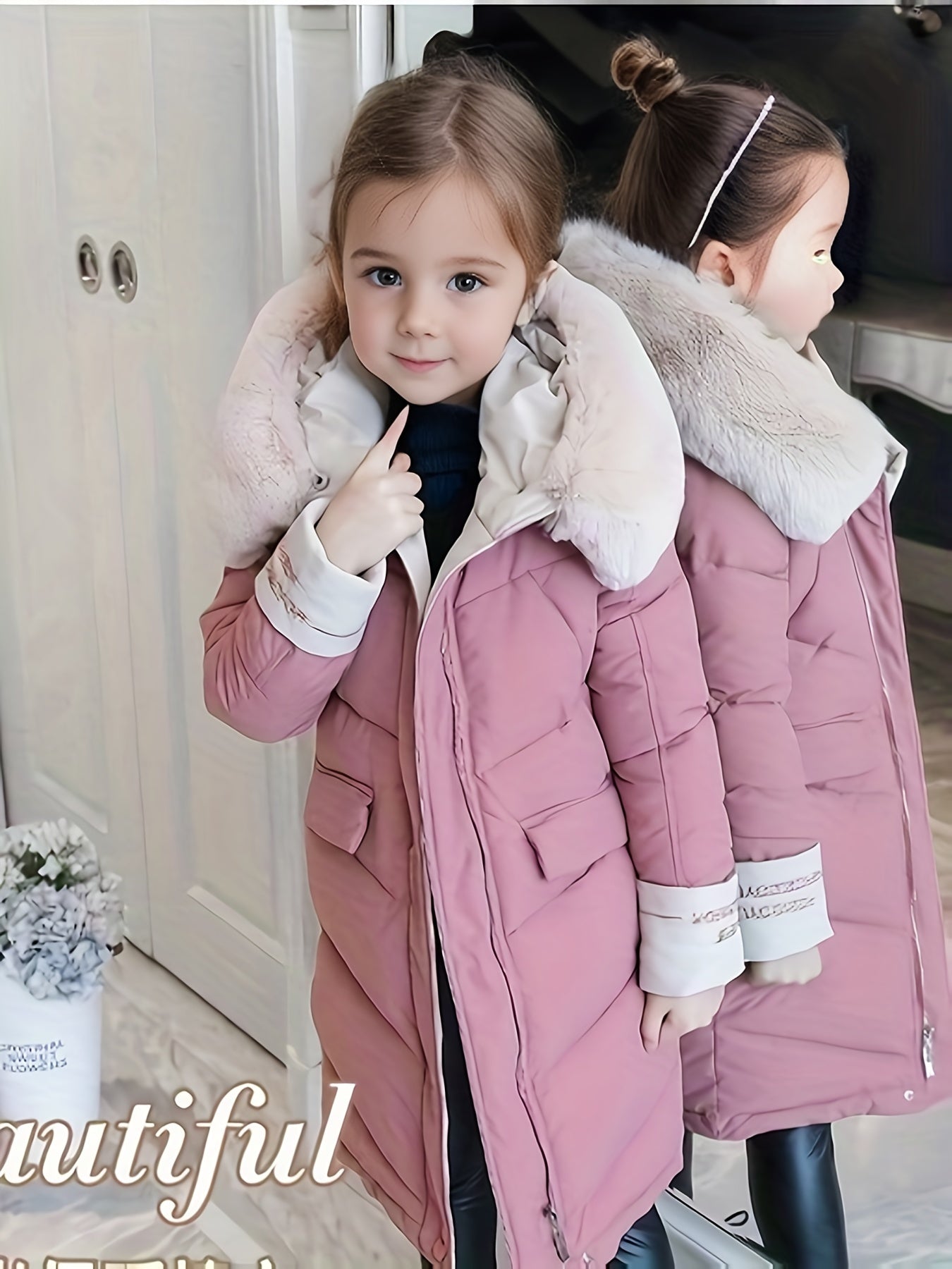 Trendy Mädchenjacke mit pelzigem Kapuzenkragen und langer Polyesterwattierung