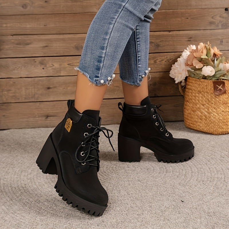 Kurze Stiefel im Westernstil für Damen mit dicken Absätzen, PU-Stiefel