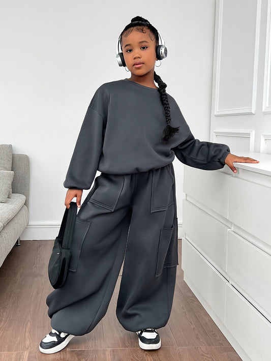 Street Style Girl's 2-tlg., bequemes Langarm-Sweatshirt + Cargohose Hip Hop
